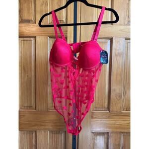 Black Fuchsia by Secret Lace LLC - Sheer Heart Mesh Bodysuit  Size 1X  New